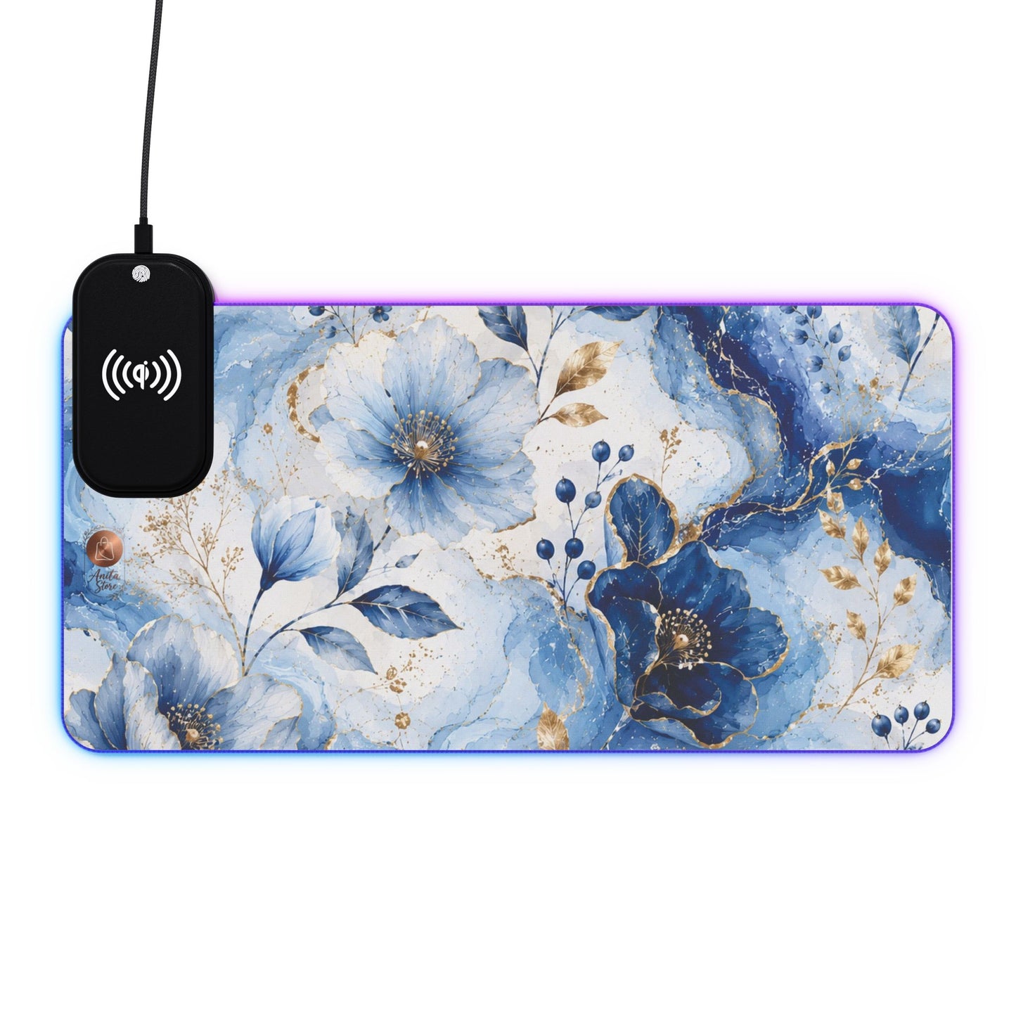 Luxury Blue Marble Floral LED Desk Mat Designed by Anita Store | Elegant Gold Foil Botanical RGB Mouse Pad, Aesthetic Fluid Ink Gaming Desk Pad