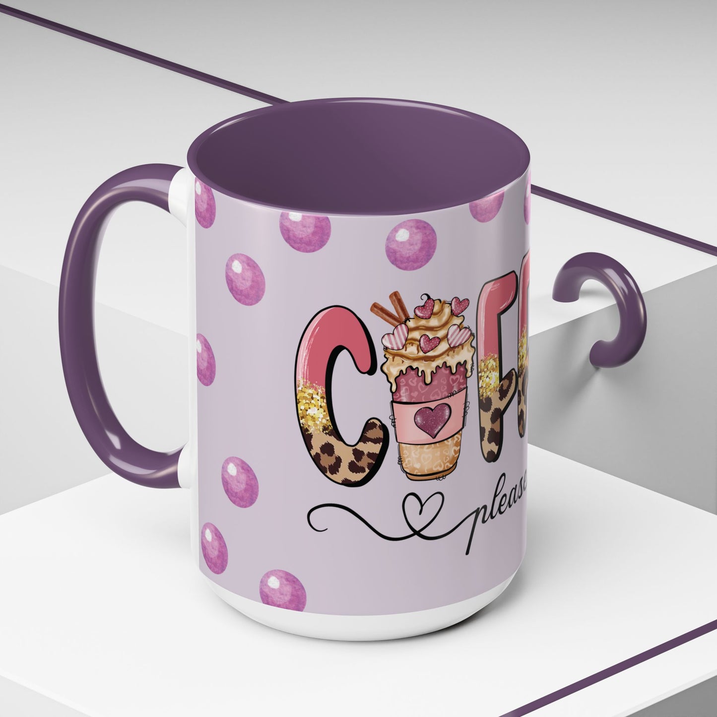 Coffee Mug - "Coffee Please" Pink Leopard Accent Ceramic Mug (11/15 oz)