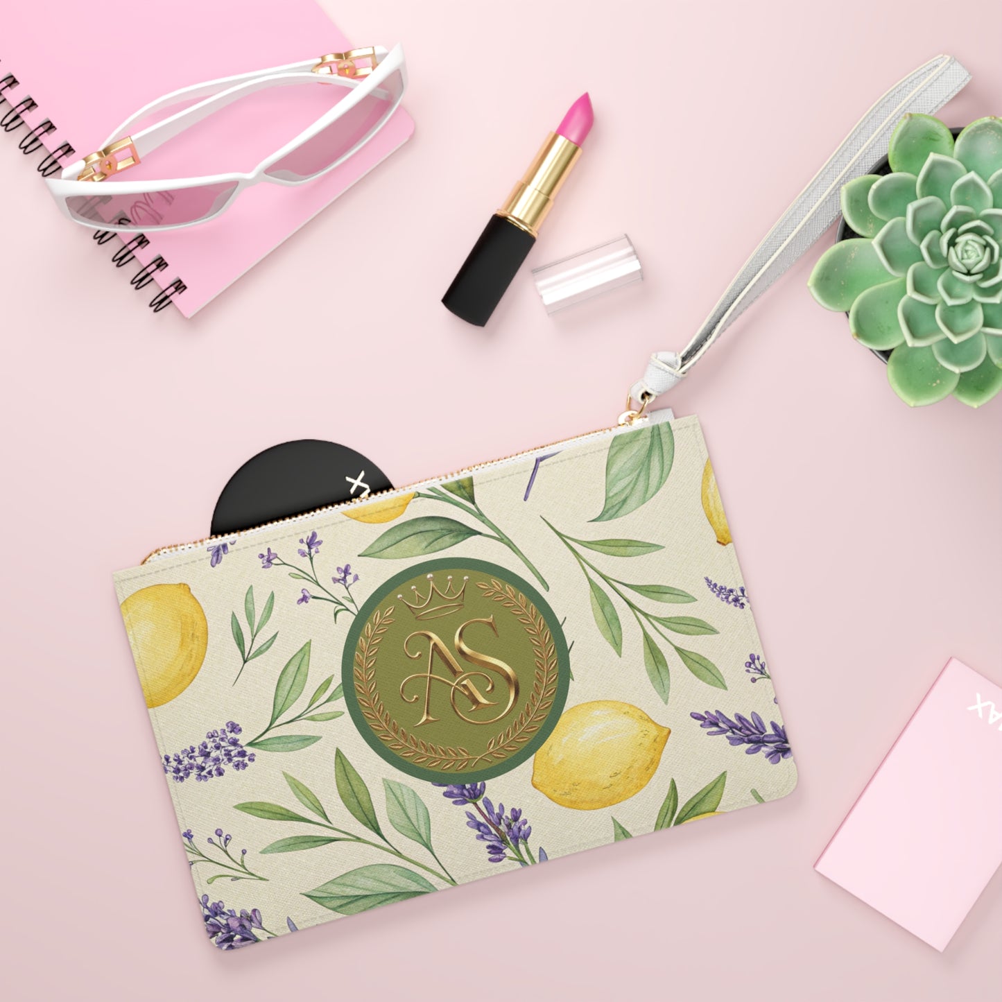 Elegant Lemon and Lavender Canvas Wristlet Clutch with AS Royal Crest - Mediterranean Botanical Summer Handbag by Anita Store