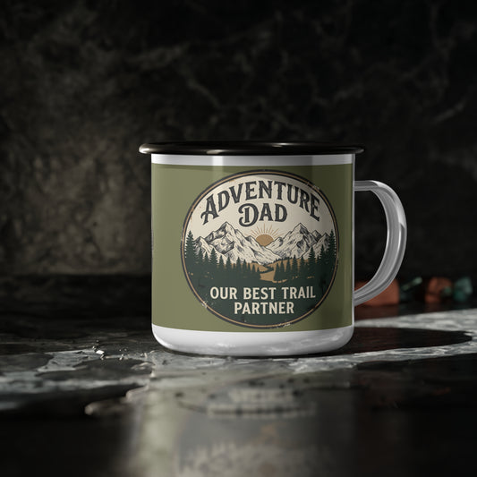 Adventure Dad Camping Mug - Retro Hiking Gift for Father's Day, 12oz Enamel Outdoorsy Coffee Cup, Best Trail Partner Present