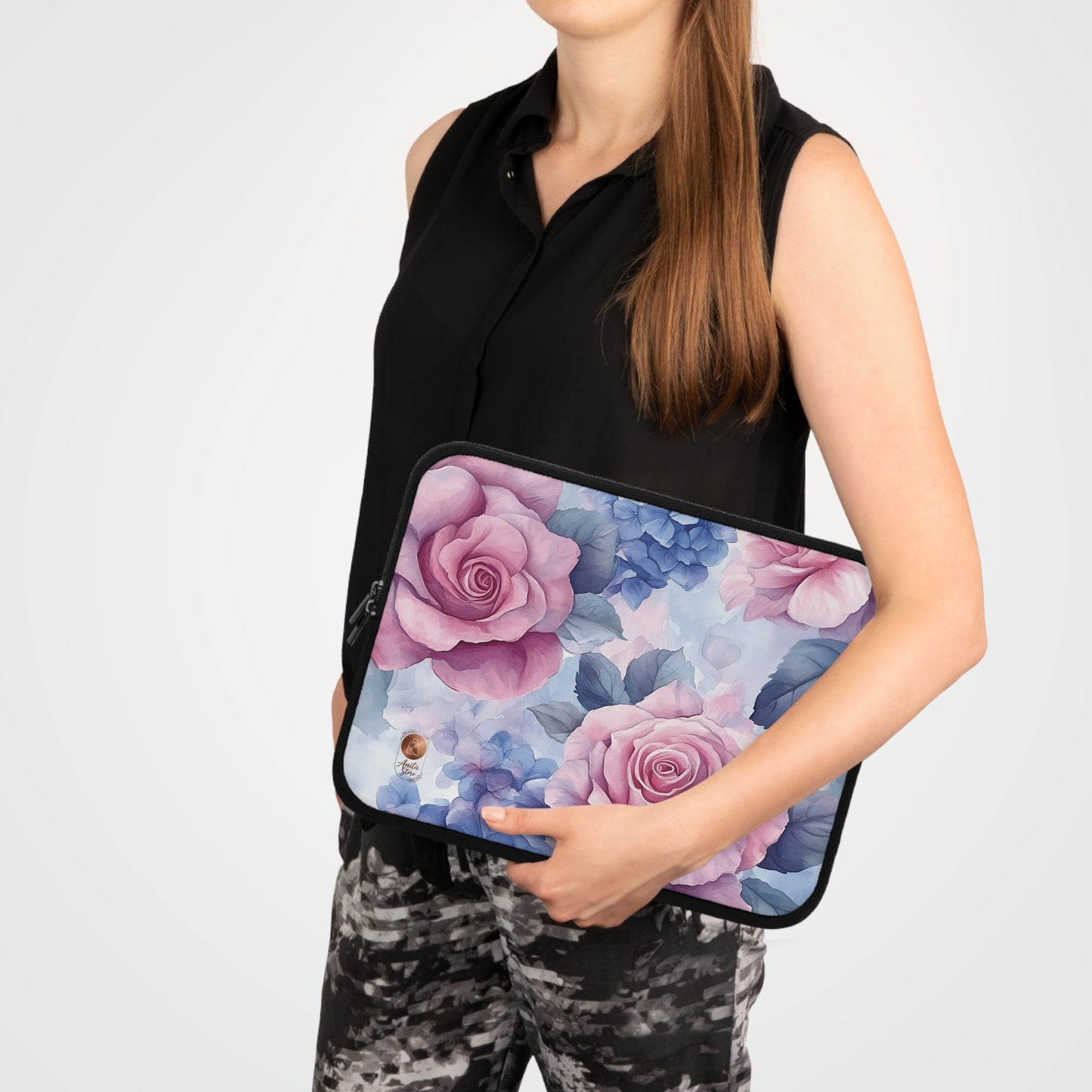 Floral Rose Laptop Sleeve — Pink & Blue Watercolor Rose Protective Case