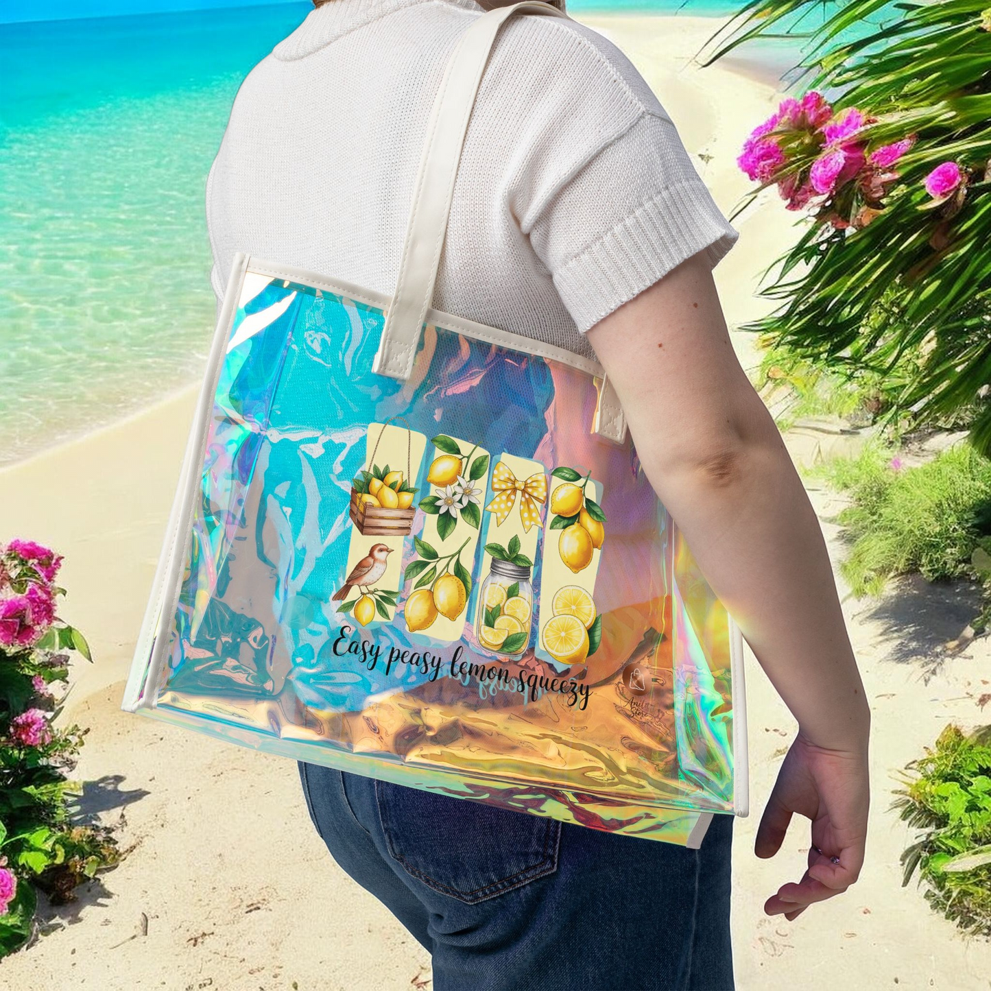 Holographic Lemon Beach Bag - Botanical Easy Peasy Lemon Squeezy Tote - Clear Iridescent Summer Shoulder Bag - Vintage Fruit Aesthetic Pool Bag