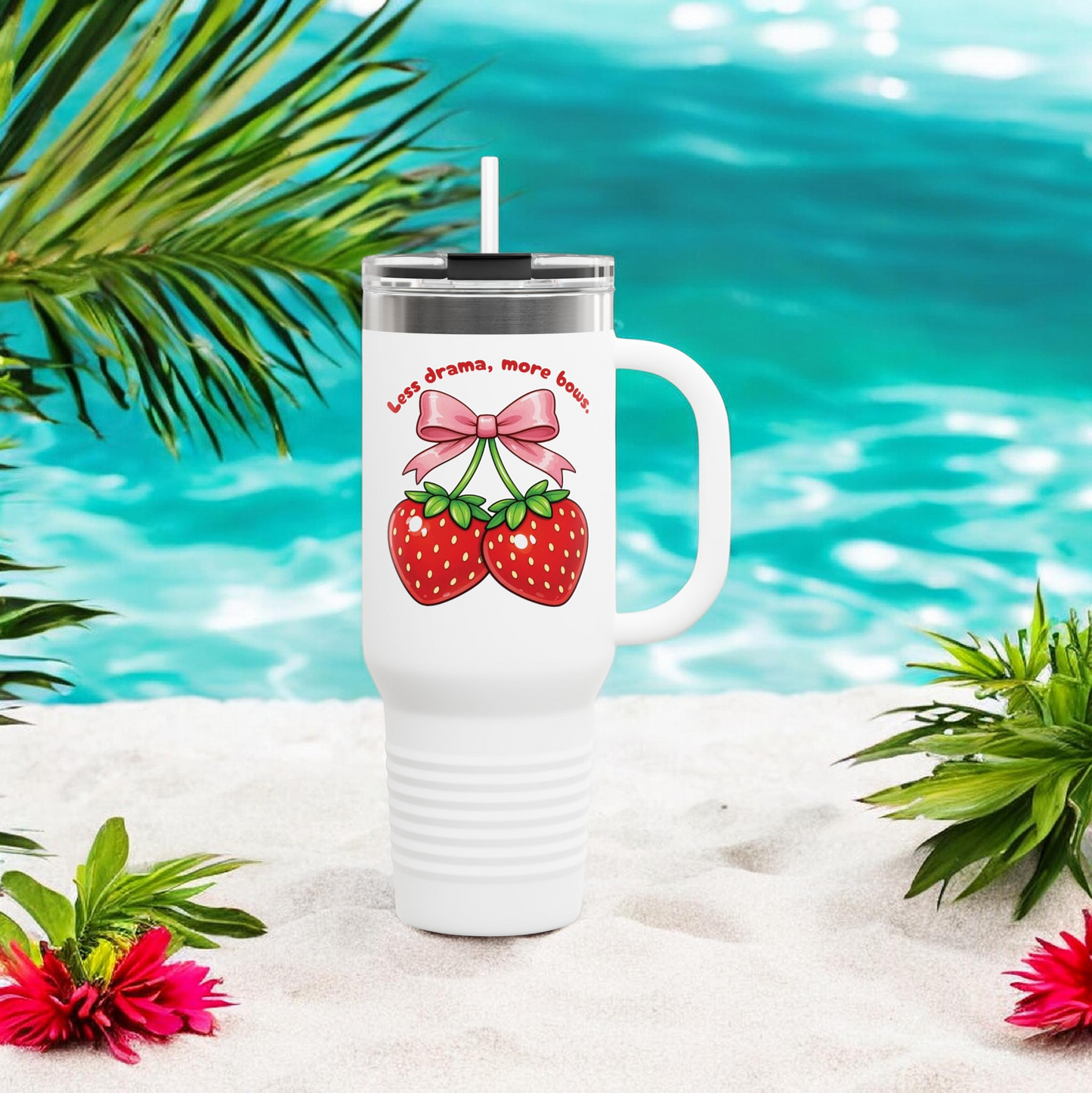 Less Drama More Bows Tumbler 40oz - Coquette Strawberry Insulated Cup with Handle - Aesthetic Pink Bow Travel Mug - Cute Strawberry Straw Cup - Large Reusable Water Bottle with Straw