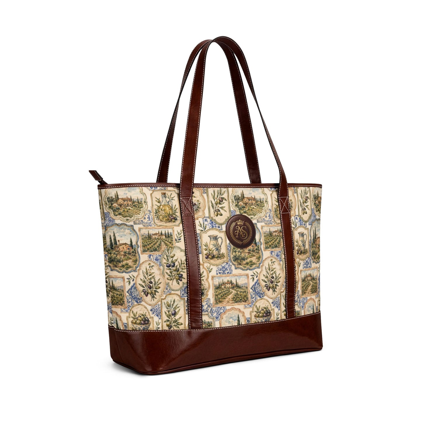 Italian Countryside Tapestry Tote Bag with Leather Strap, Olive Branch & Vineyard Aesthetic Shoulder Bag, Vintage European Style Canvas Tote, Mediterranean Travel Bag