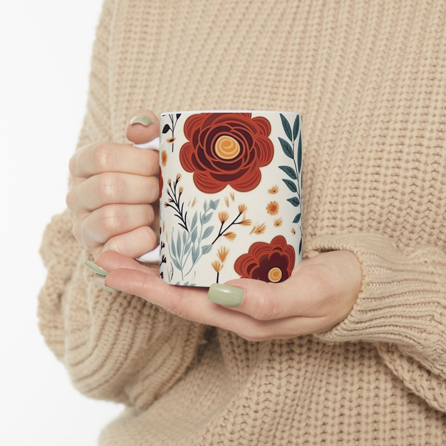 Floral Botanical Coffee Mug - Warm Earth Tones Flower Cup - Aesthetic Garden Office Decor - Personalized Gift for Mom - Boho Style Ceramic Tea Mug