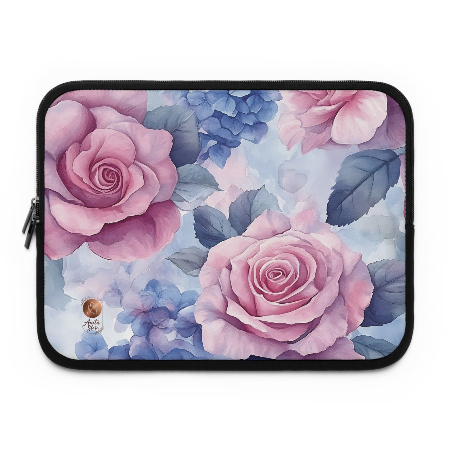 Floral Rose Laptop Sleeve — Pink & Blue Watercolor Rose Protective Case