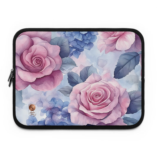 Floral Rose Laptop Sleeve — Pink & Blue Watercolor Rose Protective Case