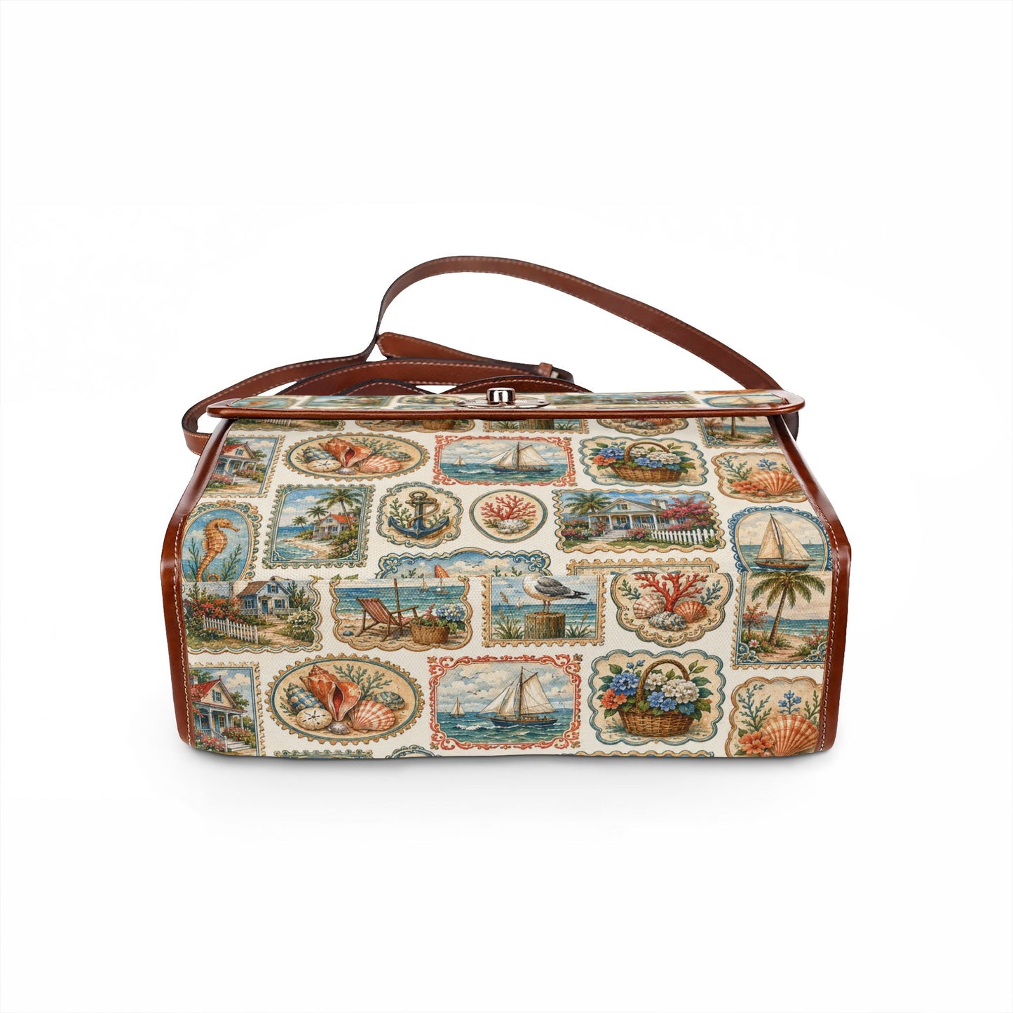 Vintage Coastal Stamp Shoulder Bag - Nautical Leather Trim Handbag - Retro Seaside Postcard Satchel - Elegant Beach Cottage Core Purse
