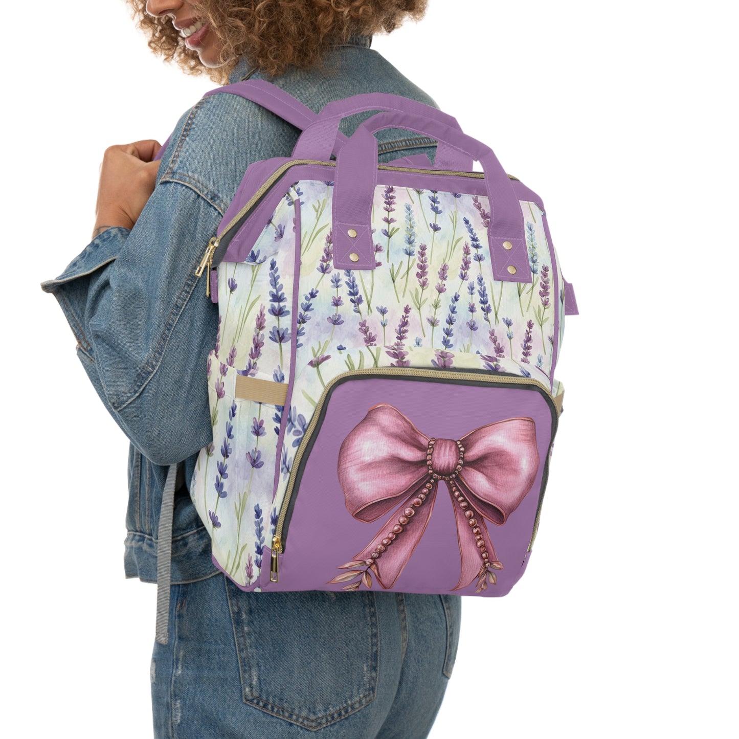 Lavender Bow Diaper Backpack — Floral Multifunctional Baby Bag