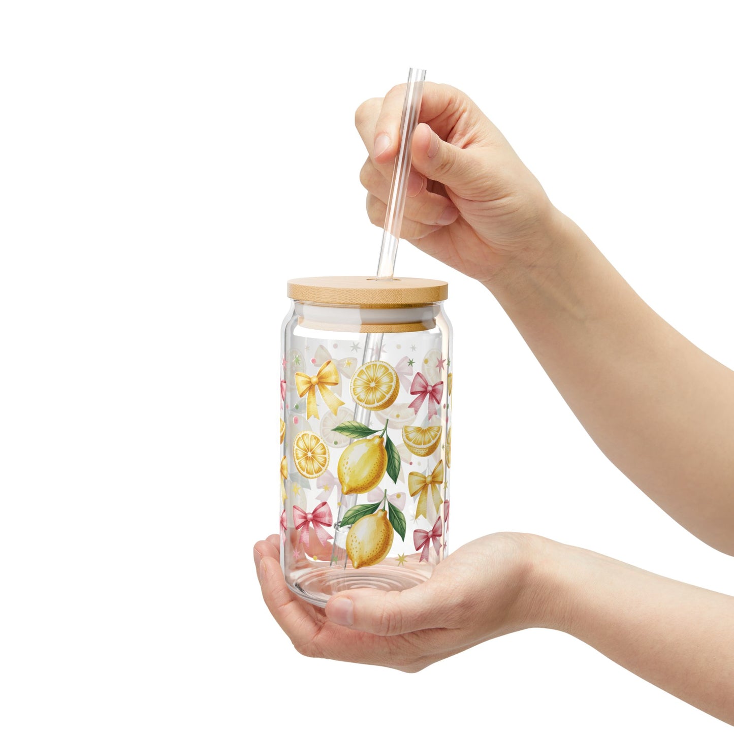 Lemon & Coquette Bow Aesthetic Can Glass - 16oz Iced Coffee Glass with Bamboo Lid & Straw - Summer Fruit Drinkware