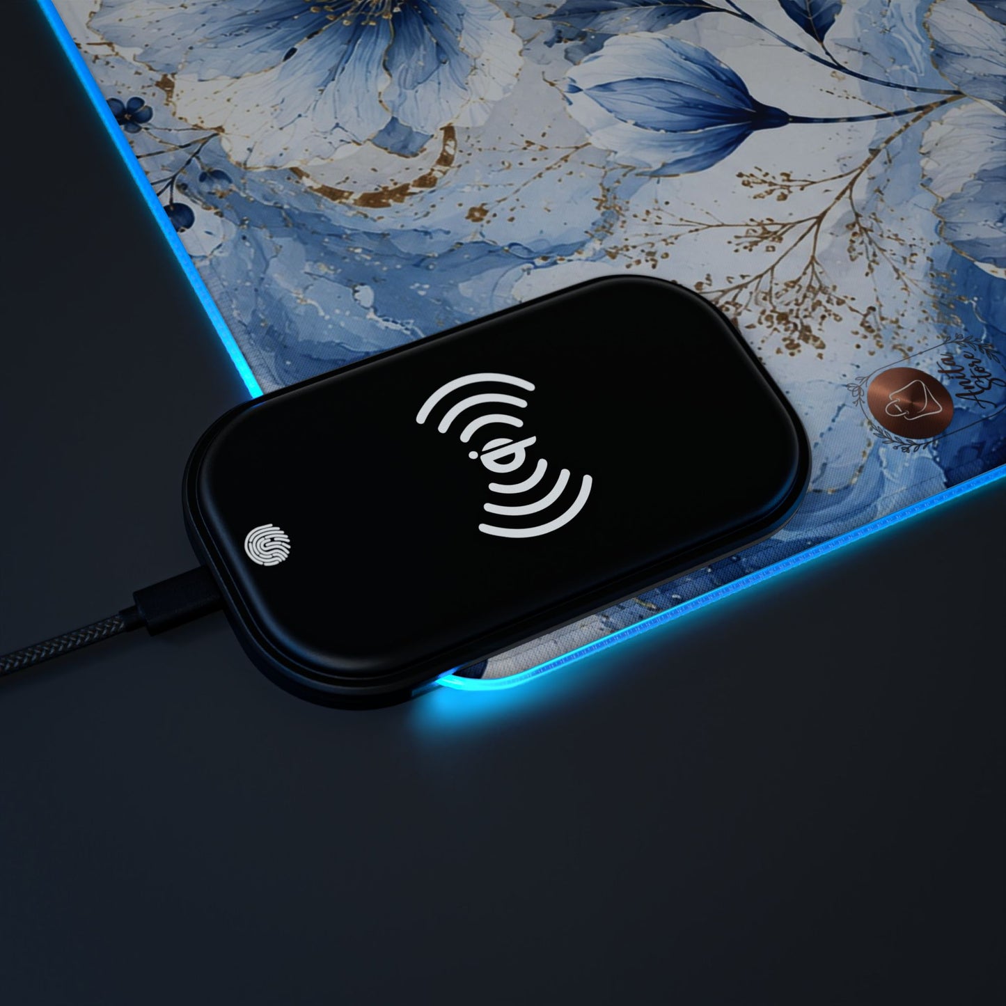 Luxury Blue Marble Floral LED Desk Mat Designed by Anita Store | Elegant Gold Foil Botanical RGB Mouse Pad, Aesthetic Fluid Ink Gaming Desk Pad