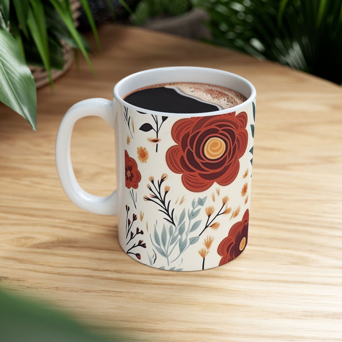Floral Botanical Coffee Mug - Warm Earth Tones Flower Cup - Aesthetic Garden Office Decor - Personalized Gift for Mom - Boho Style Ceramic Tea Mug