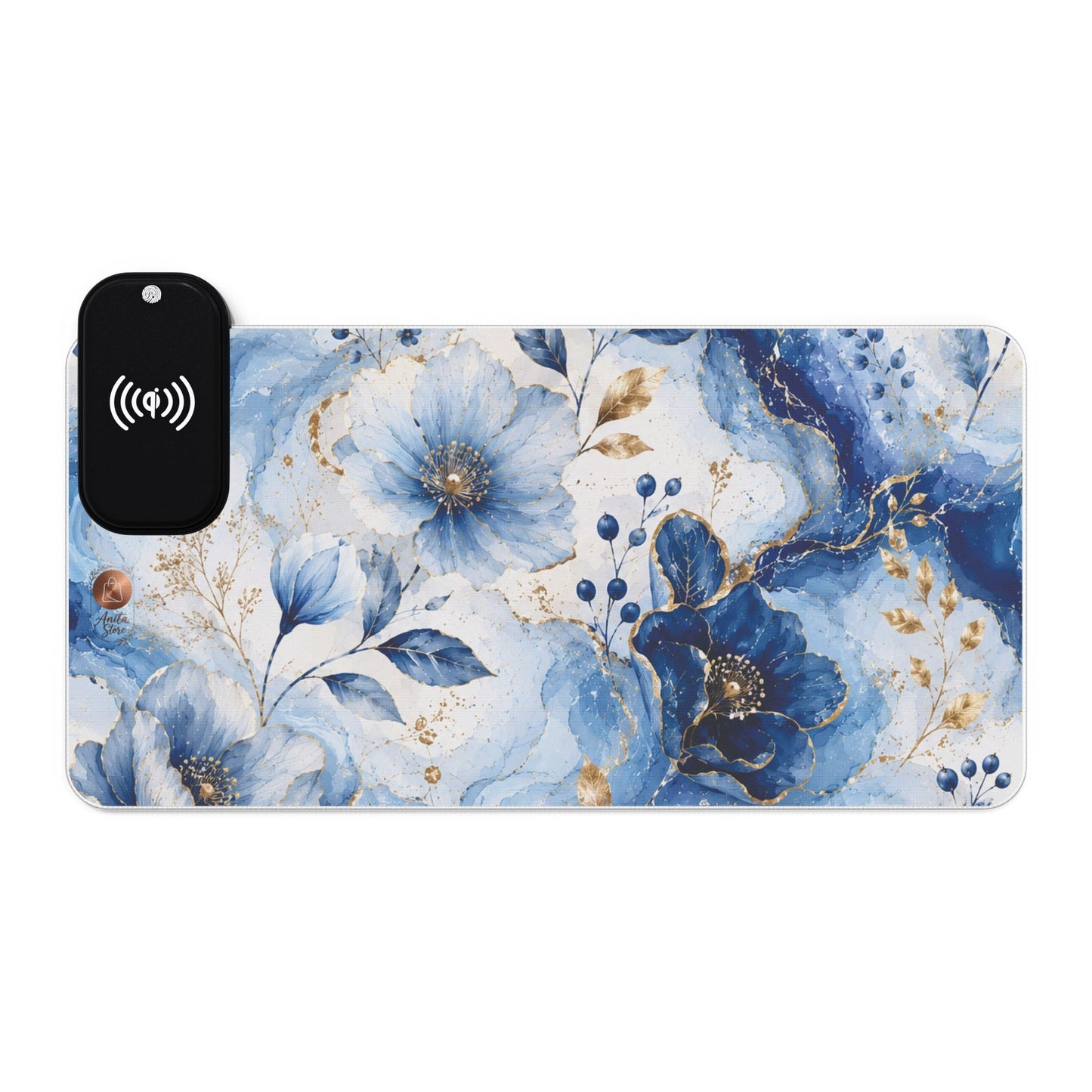 Luxury Blue Marble Floral LED Desk Mat Designed by Anita Store | Elegant Gold Foil Botanical RGB Mouse Pad, Aesthetic Fluid Ink Gaming Desk Pad