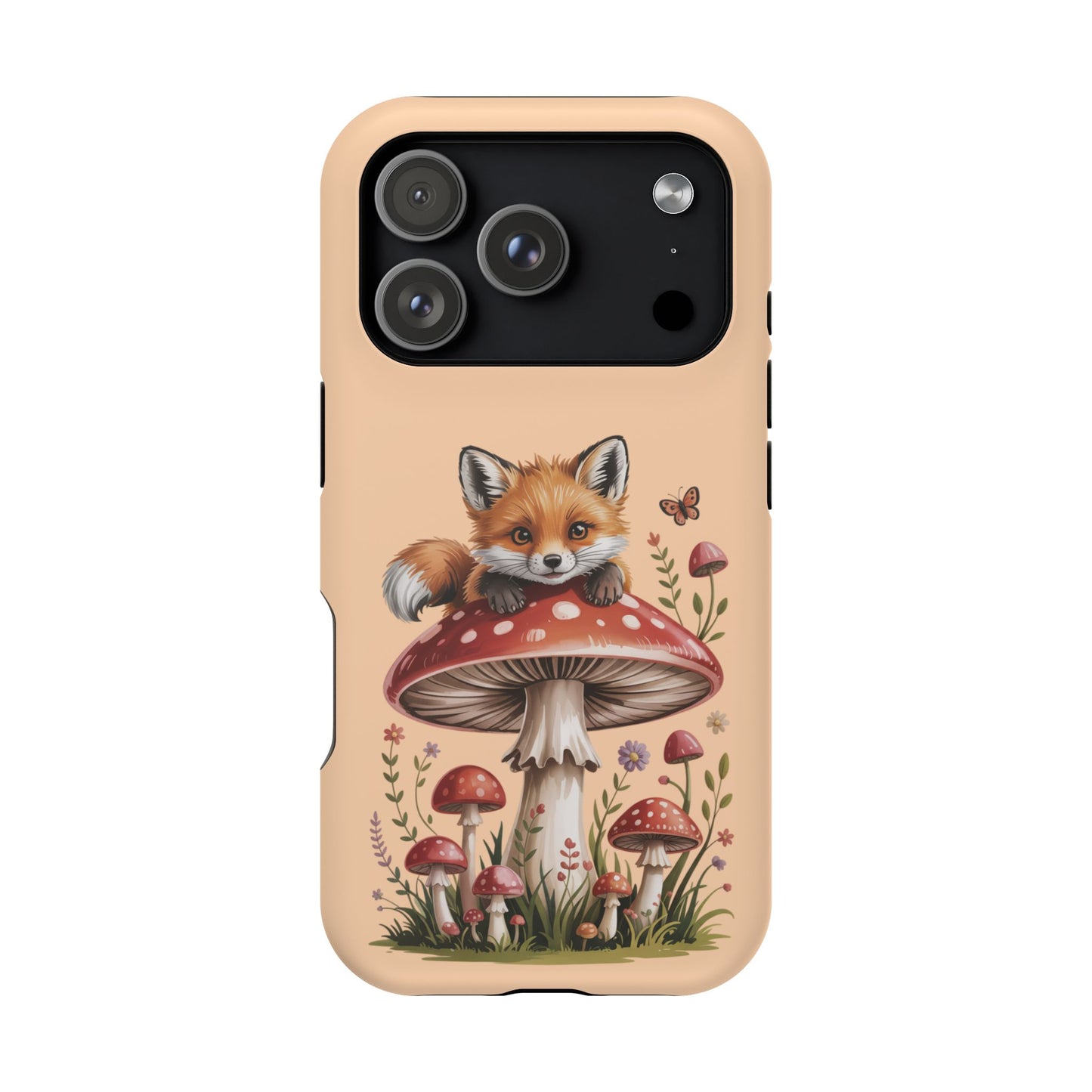 Cute Fox on Mushroom Tough Phone Case - Woodland Fairycore Aesthetic iPhone Cover - Whimsical Forest Gift for Nature Lovers