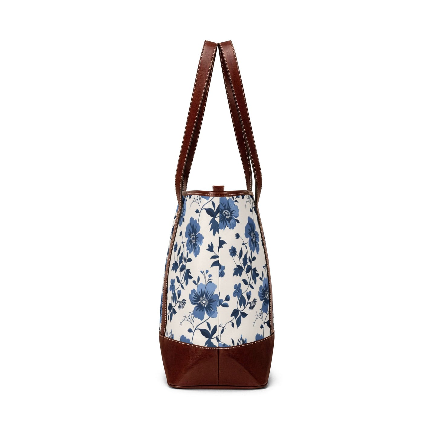 Chic Mediterranean Blue Floral Canvas Tote Bag - Elegant Botanical Shoulder Handbag with Faux Leather Trim