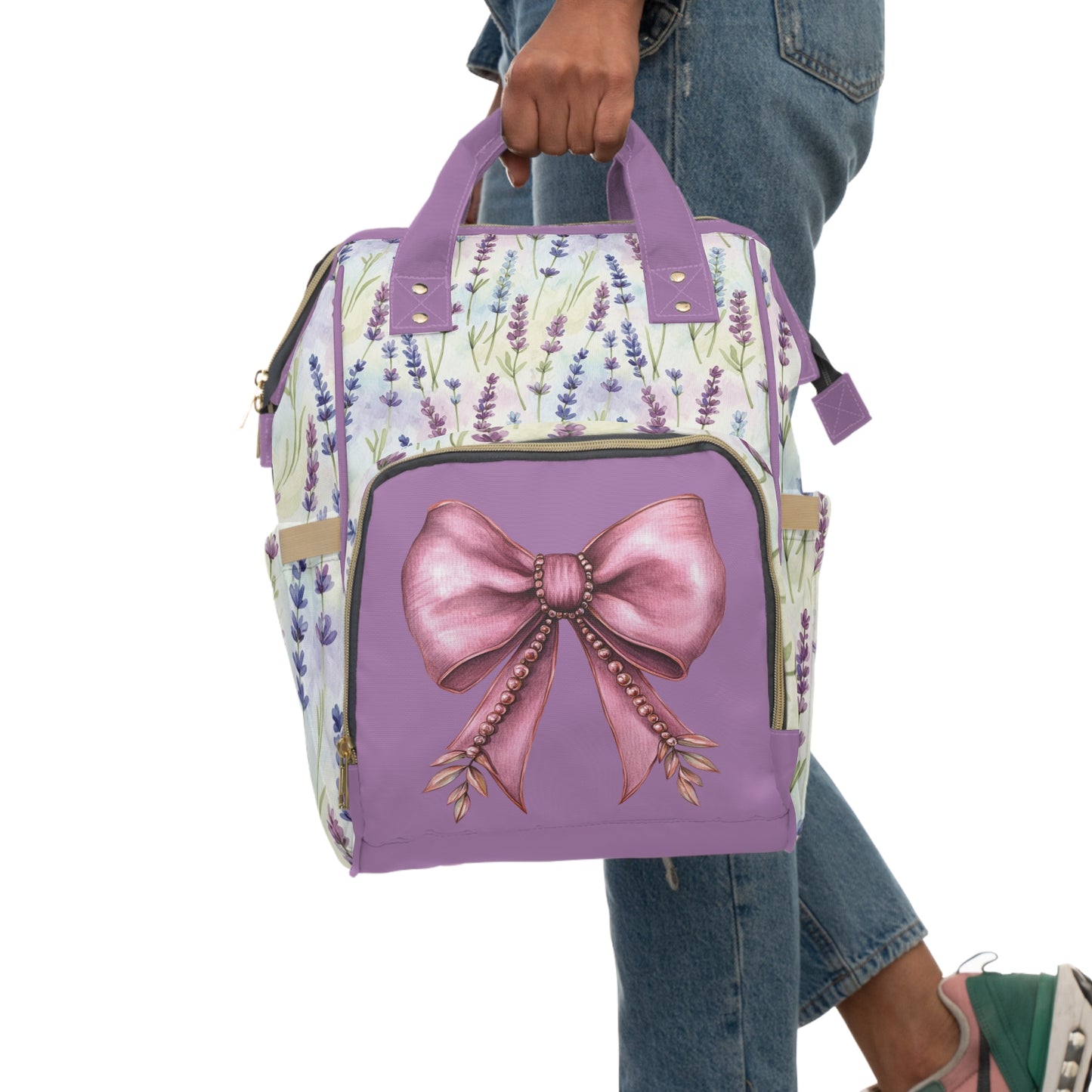 Lavender Bow Diaper Backpack — Floral Multifunctional Baby Bag