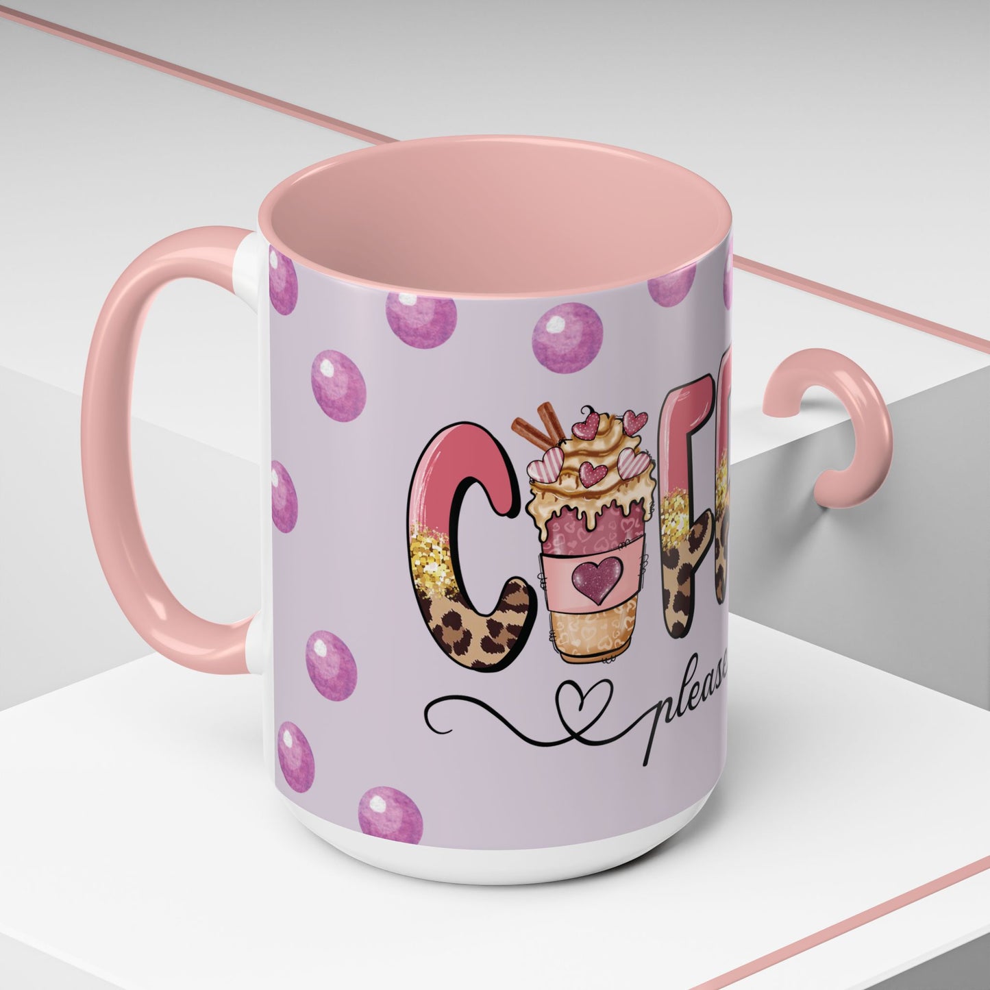 Coffee Mug - "Coffee Please" Pink Leopard Accent Ceramic Mug (11/15 oz)