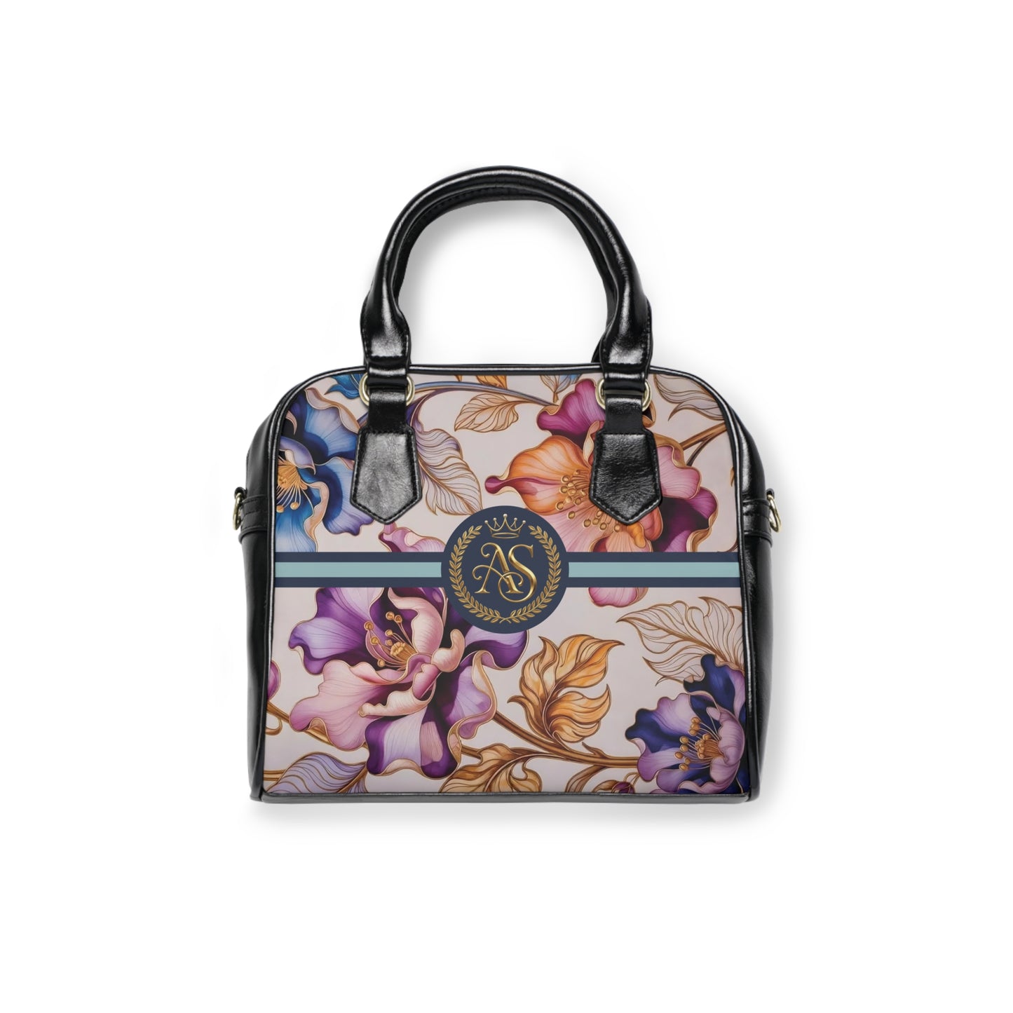 Floral Luxe Shoulder Handbag – Vintage Rose Print with Monogram Emblem