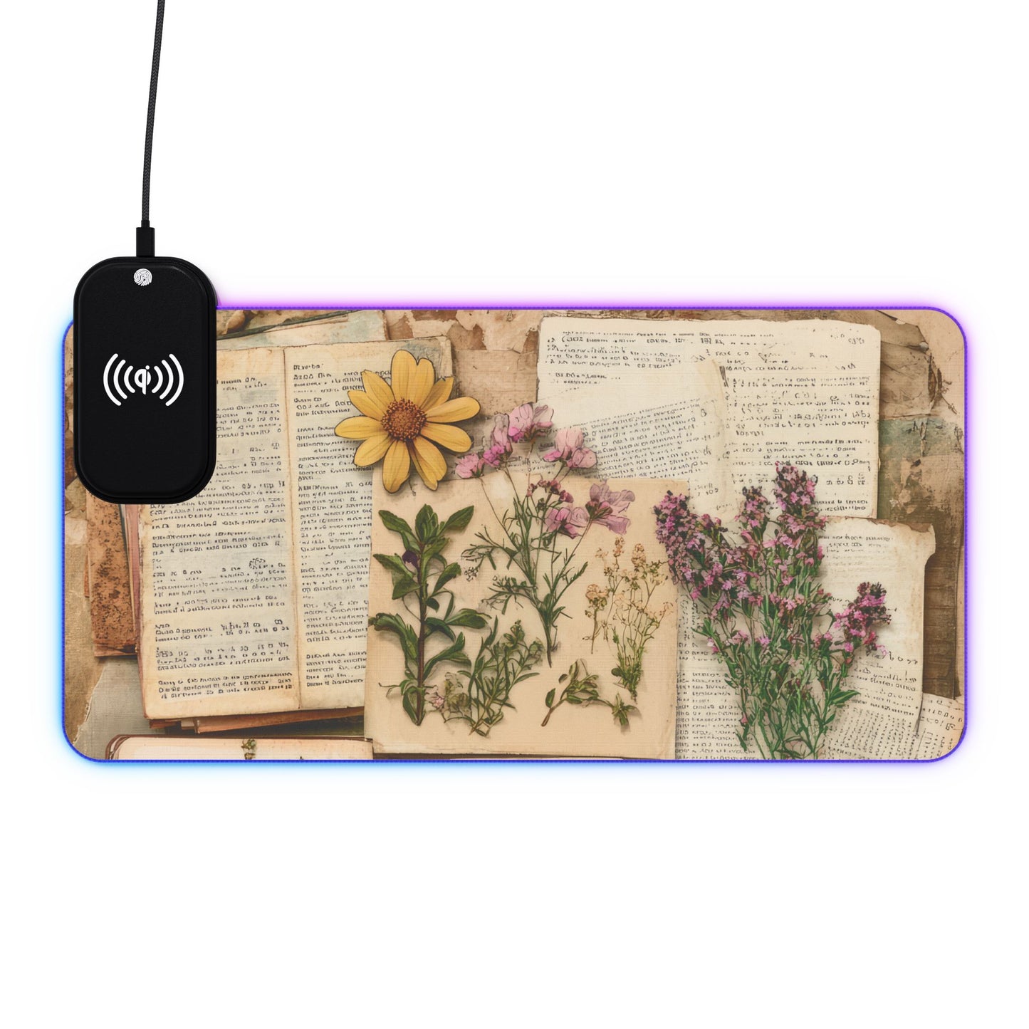 Pressed Flowers Vintage Desk Mat - Aesthetic Botanical LED Mouse Pad, Cottagecore Herbarium RGB Keyboard Mat, Large Wildflower Desk Pad for Book Lovers
