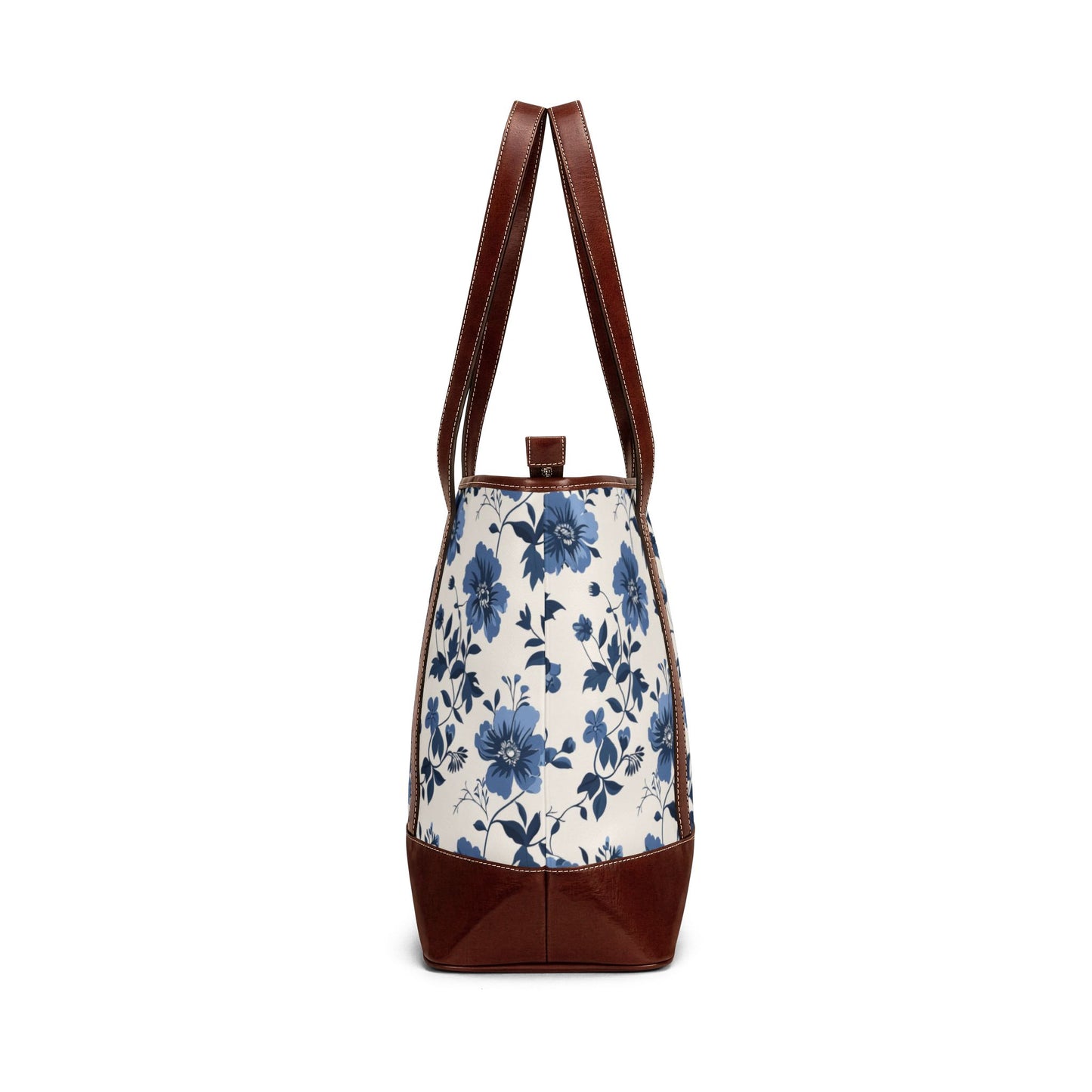 Chic Mediterranean Blue Floral Canvas Tote Bag - Elegant Botanical Shoulder Handbag with Faux Leather Trim