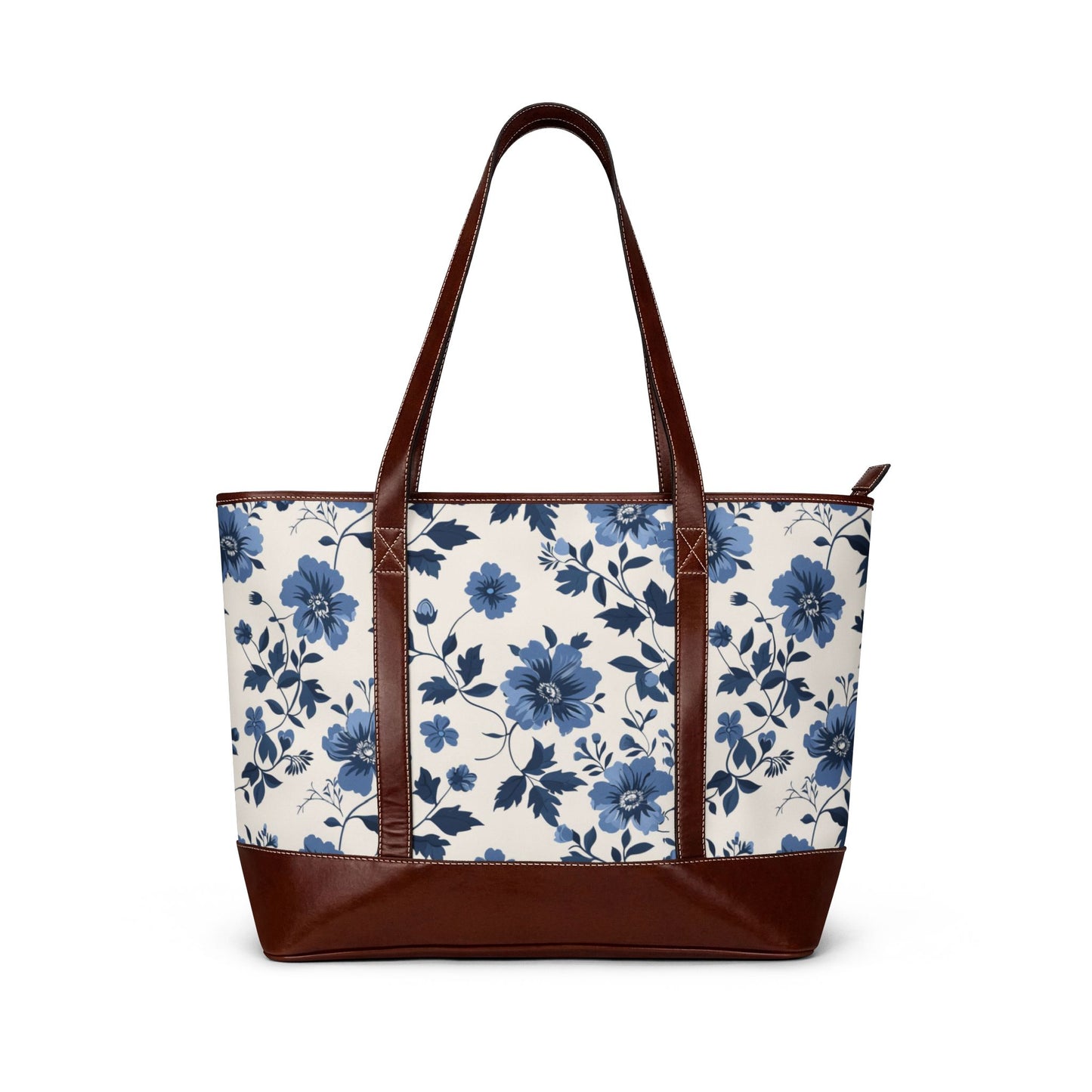 Chic Mediterranean Blue Floral Canvas Tote Bag - Elegant Botanical Shoulder Handbag with Faux Leather Trim