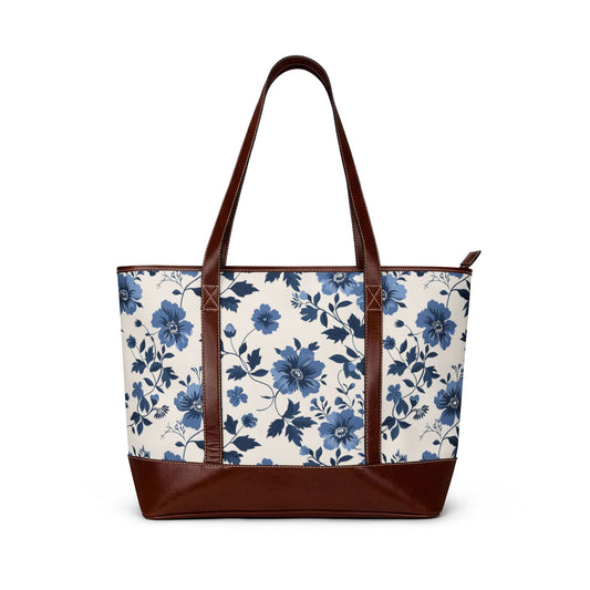 Chic Mediterranean Blue Floral Canvas Tote Bag - Elegant Botanical Shoulder Handbag with Faux Leather Trim