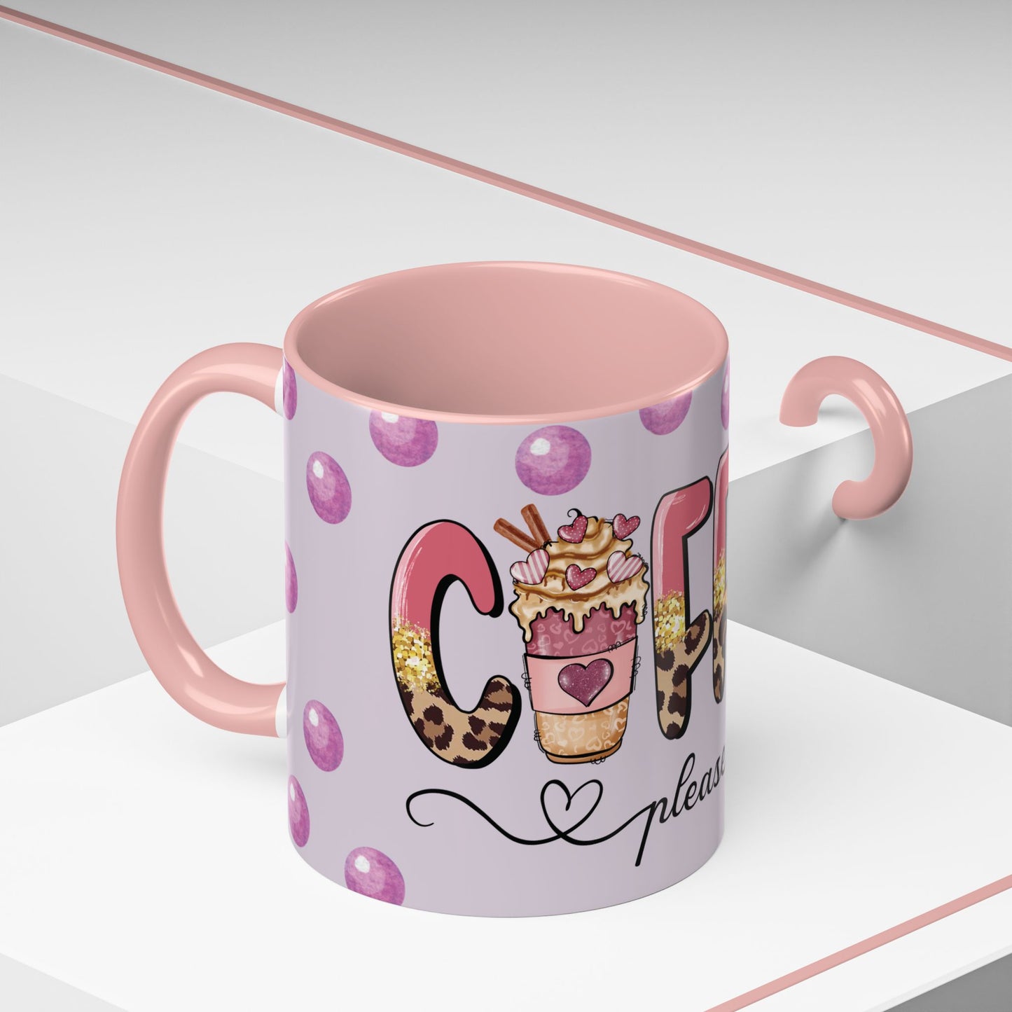 Coffee Mug - "Coffee Please" Pink Leopard Accent Ceramic Mug (11/15 oz)