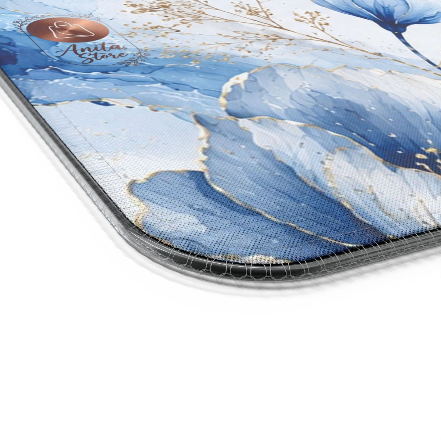 Luxury Blue Marble Floral LED Desk Mat Designed by Anita Store | Elegant Gold Foil Botanical RGB Mouse Pad, Aesthetic Fluid Ink Gaming Desk Pad