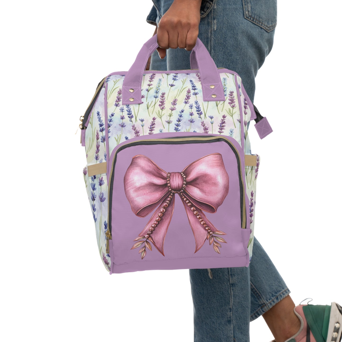 Coquette Lavender Floral Diaper Bag Backpack with Ribbon & Pearls Accent