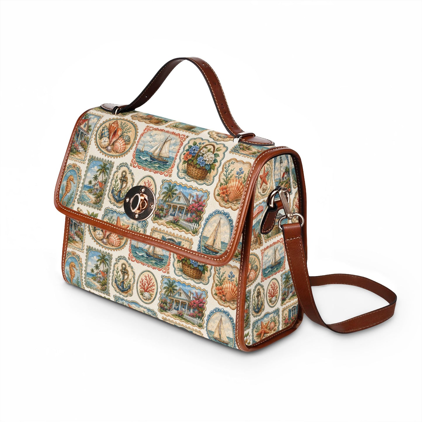 Vintage Coastal Stamp Shoulder Bag - Nautical Leather Trim Handbag - Retro Seaside Postcard Satchel - Elegant Beach Cottage Core Purse