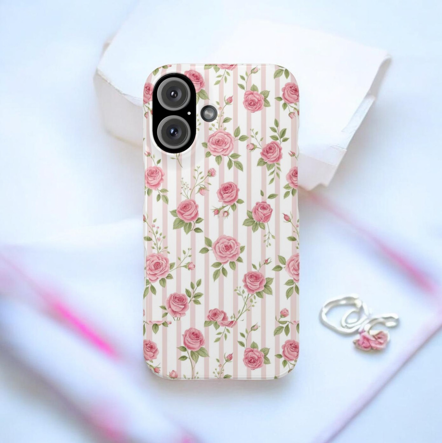 Floral Rose Stripe Phone Case — Vintage Pink Garden Protection