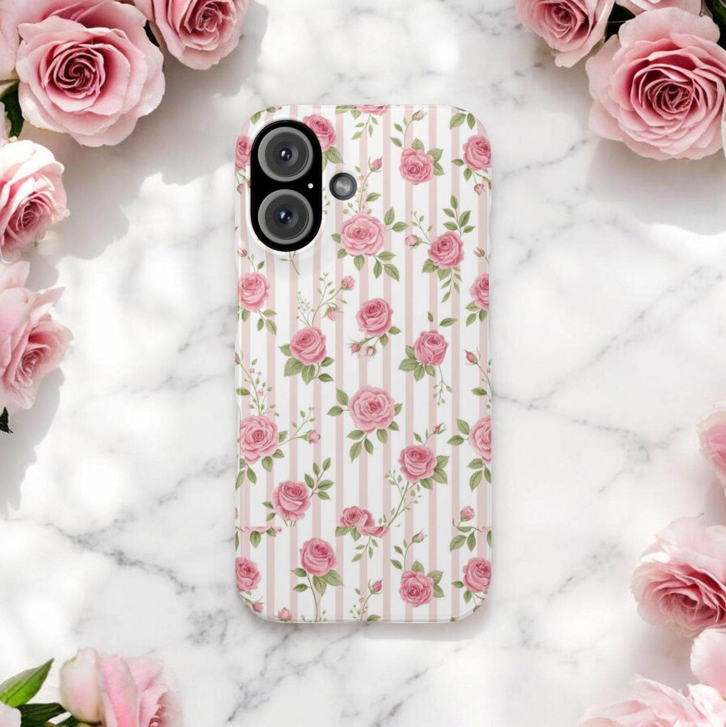 Floral Rose Stripe Phone Case — Vintage Pink Garden Protection