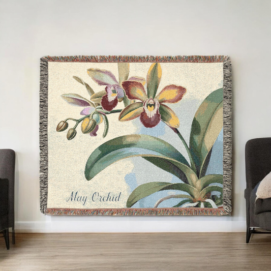 Luxury Vintage Orchid Woven Blanket - 100% Cotton Botanical Throw - Aesthetic Floral Home Decor - Personalized Gift for Mom