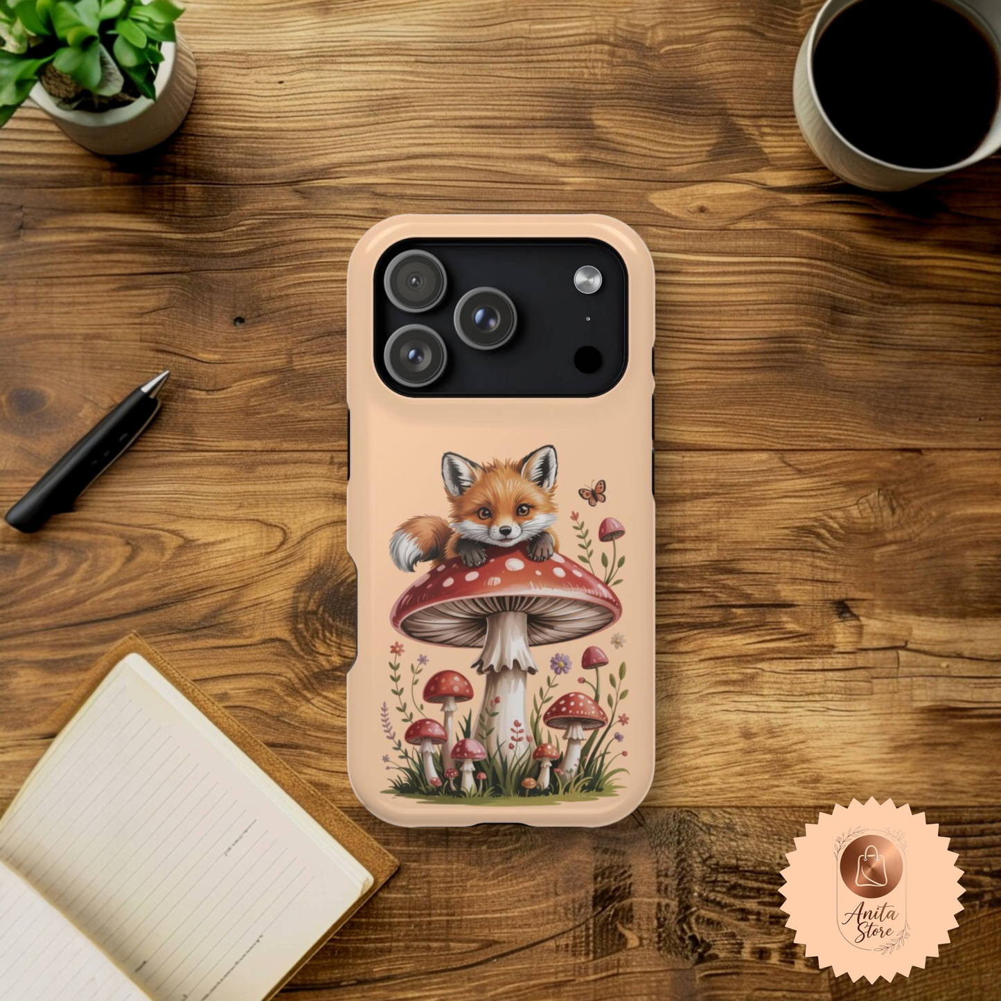 Cute Fox on Mushroom Tough Phone Case - Woodland Fairycore Aesthetic iPhone Cover - Whimsical Forest Gift for Nature Lovers
