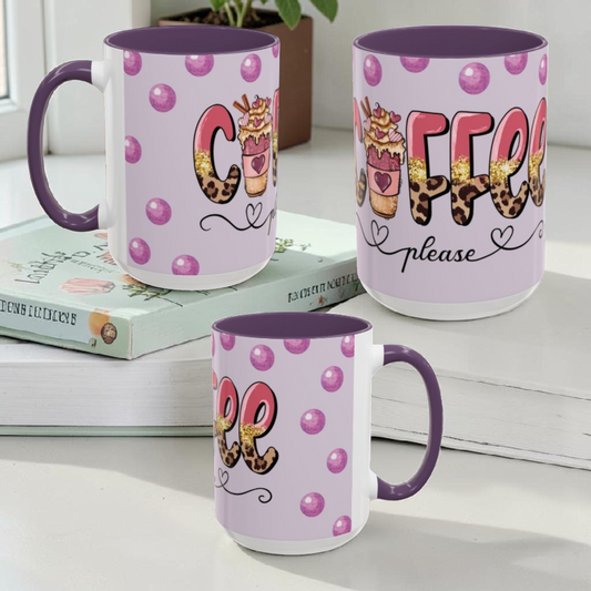 Coffee Mug - "Coffee Please" Pink Leopard Accent Ceramic Mug (11/15 oz)