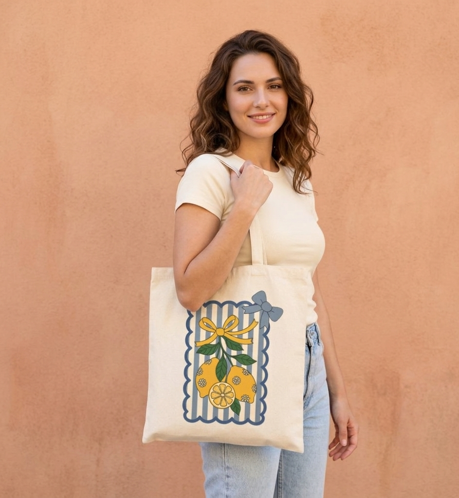 Mediterranean Lemon Tote Bag - Amalfi Coast Aesthetic Cotton Bag - Vintage Italian Summer Shoulder Bag - Coquette Style Eco-Friendly Tote