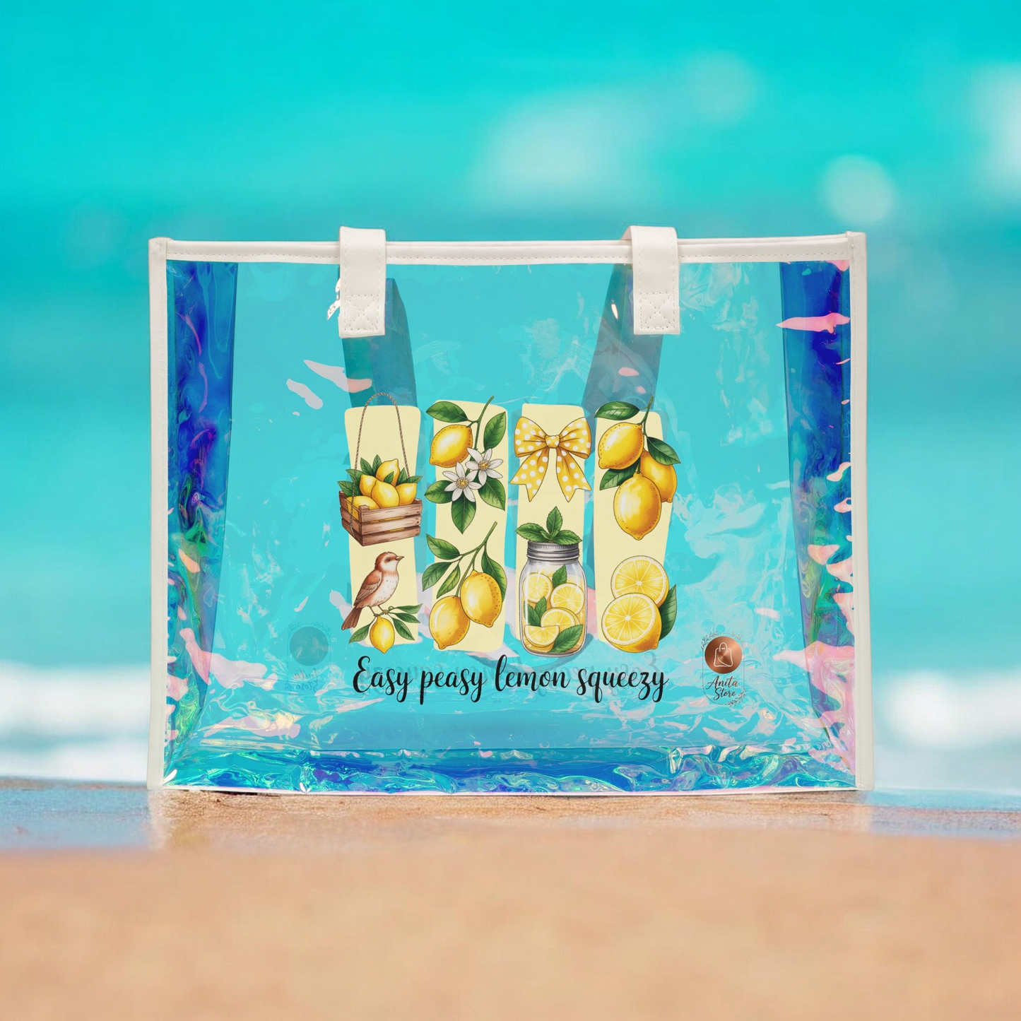 Holographic Lemon Beach Bag - Botanical Easy Peasy Lemon Squeezy Tote - Clear Iridescent Summer Shoulder Bag - Vintage Fruit Aesthetic Pool Bag
