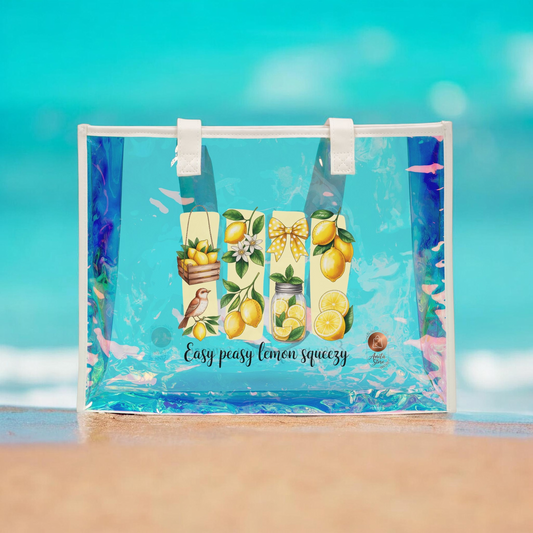 Holographic Lemon Beach Bag - Botanical Easy Peasy Lemon Squeezy Tote - Clear Iridescent Summer Shoulder Bag - Vintage Fruit Aesthetic Pool Bag
