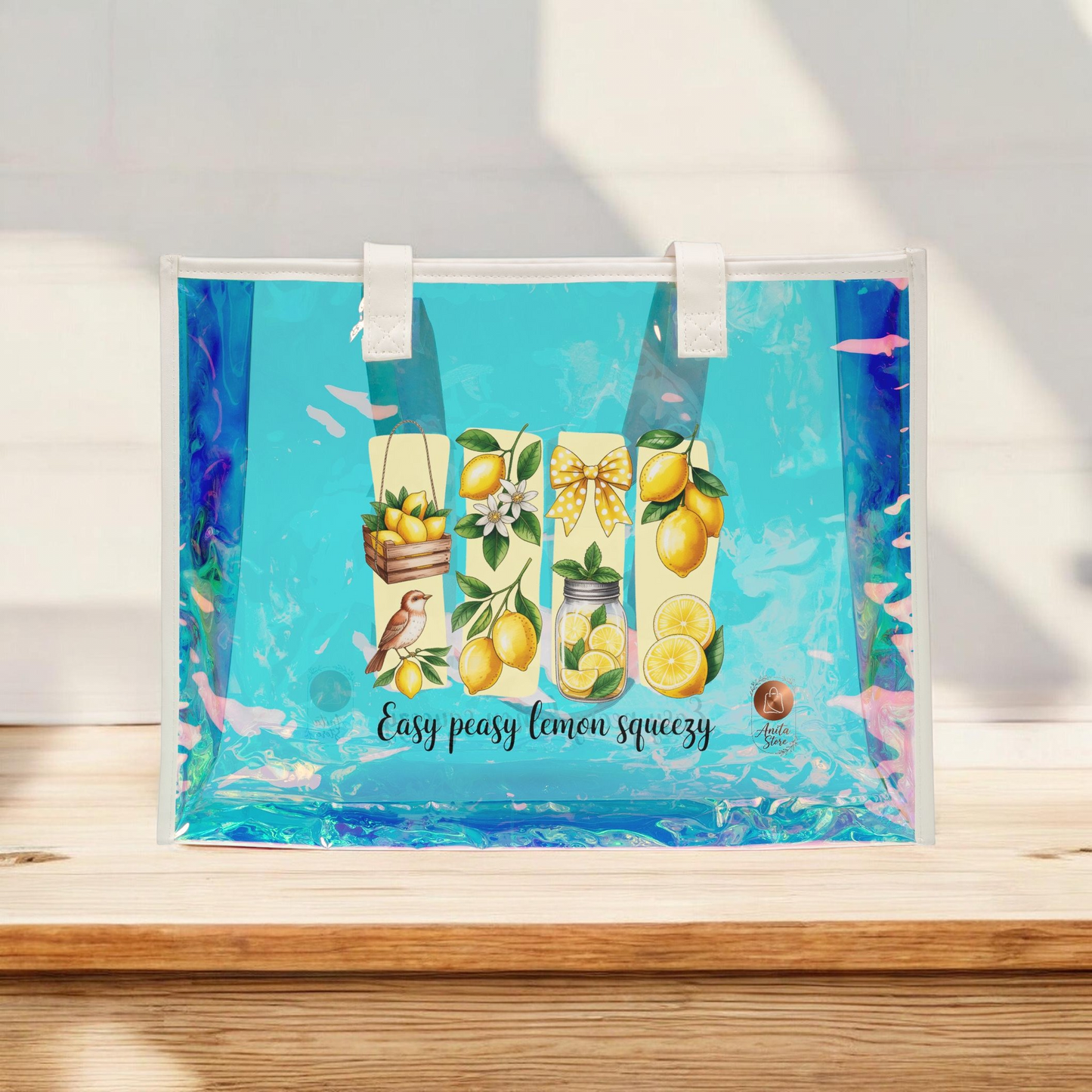 Holographic Lemon Beach Bag - Botanical Easy Peasy Lemon Squeezy Tote - Clear Iridescent Summer Shoulder Bag - Vintage Fruit Aesthetic Pool Bag