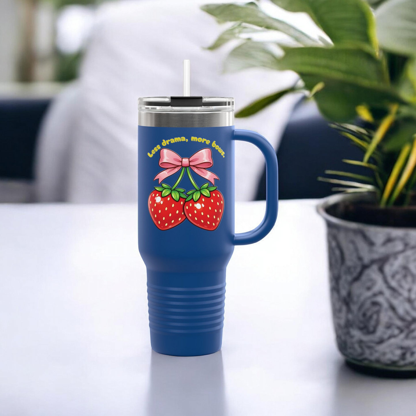 Less Drama More Bows Tumbler 40oz - Coquette Strawberry Insulated Cup with Handle - Aesthetic Pink Bow Travel Mug - Cute Strawberry Straw Cup - Large Reusable Water Bottle with Straw