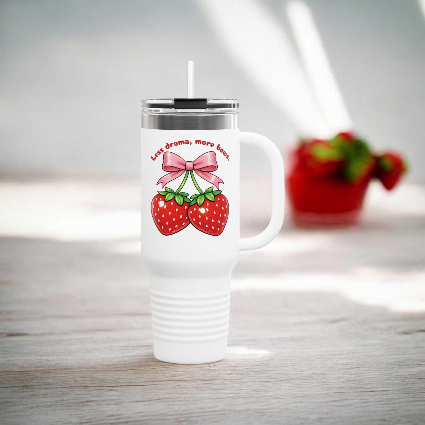 Less Drama More Bows Tumbler 40oz - Coquette Strawberry Insulated Cup with Handle - Aesthetic Pink Bow Travel Mug - Cute Strawberry Straw Cup - Large Reusable Water Bottle with Straw