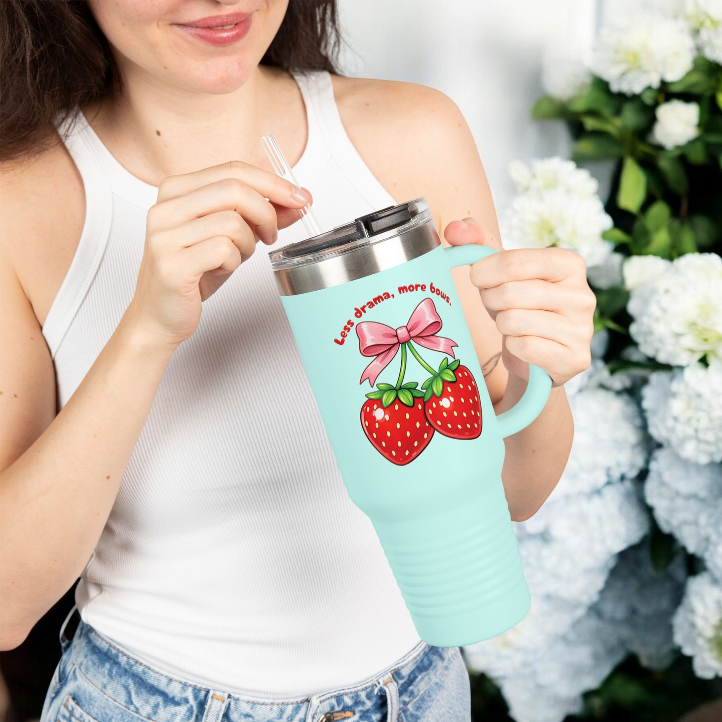 Less Drama More Bows Tumbler 40oz - Coquette Strawberry Insulated Cup with Handle - Aesthetic Pink Bow Travel Mug - Cute Strawberry Straw Cup - Large Reusable Water Bottle with Straw