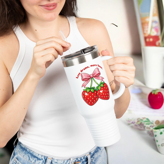 Less Drama More Bows Tumbler 40oz - Coquette Strawberry Insulated Cup with Handle - Aesthetic Pink Bow Travel Mug - Cute Strawberry Straw Cup - Large Reusable Water Bottle with Straw