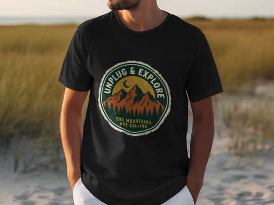 Unplug & Explore Retro Hiking Shirt - Vintage Mountain Unisex Nature Tee - Adventure Awaits Outdoor Apparel