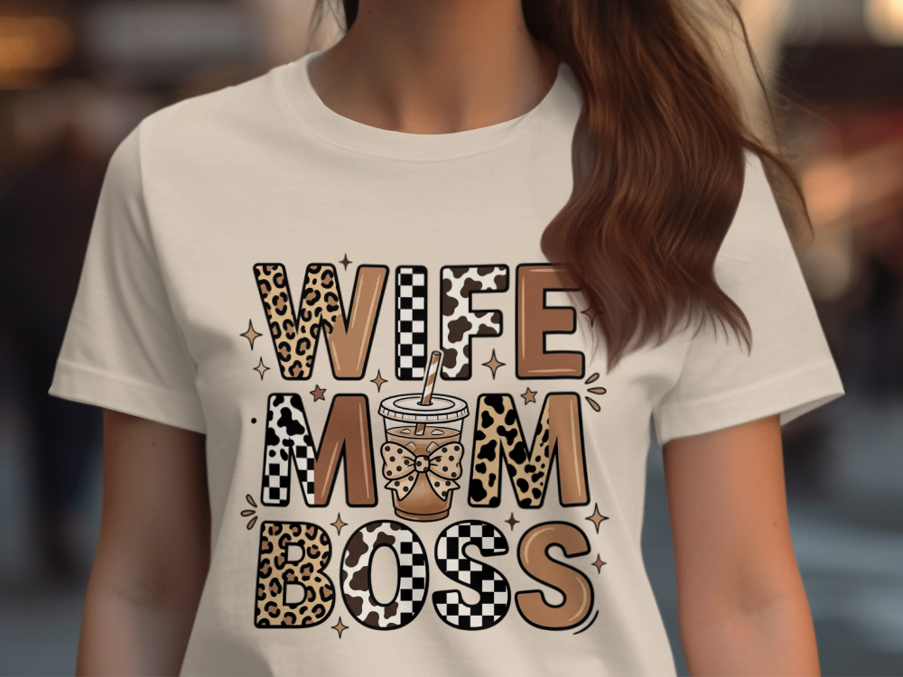 Wife Mom Boss Coffee Shirt - Retro Leopard Print Aesthetic Tee - Vintage Motherhood Gift Top