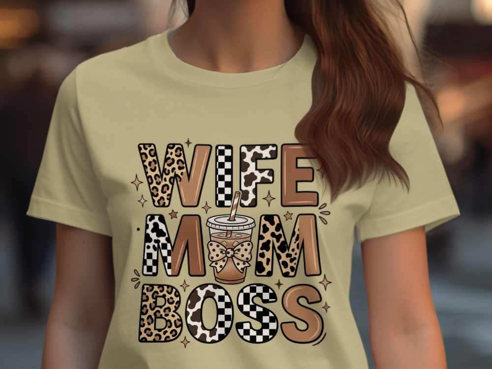 Wife Mom Boss Coffee Shirt - Retro Leopard Print Aesthetic Tee - Vintage Motherhood Gift Top
