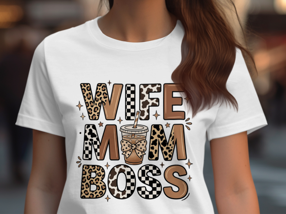 Wife Mom Boss Coffee Shirt - Retro Leopard Print Aesthetic Tee - Vintage Motherhood Gift Top