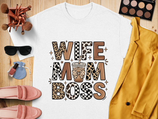 Wife Mom Boss Coffee Shirt - Retro Leopard Print Aesthetic Tee - Vintage Motherhood Gift Top