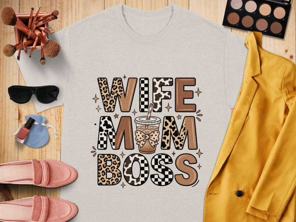 Wife Mom Boss Coffee Shirt - Retro Leopard Print Aesthetic Tee - Vintage Motherhood Gift Top