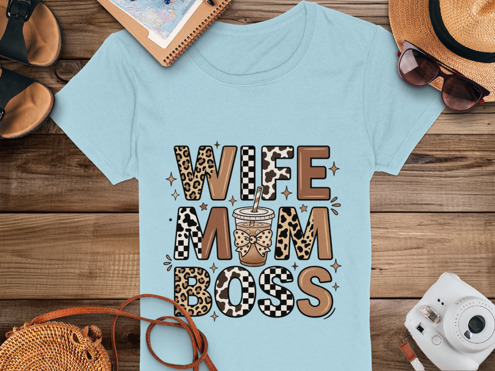 Wife Mom Boss Coffee Shirt - Retro Leopard Print Aesthetic Tee - Vintage Motherhood Gift Top